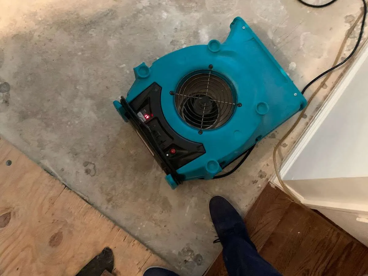 Air mover drying subfloor during Leak Detection & Repair in Clayton